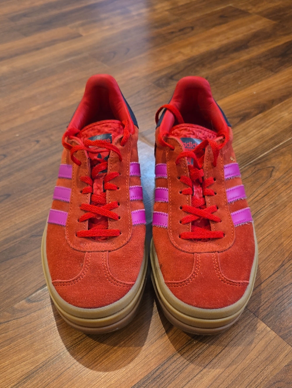 adidas Gazelle Bold Red Suede Sneakers with Pink Stripes
